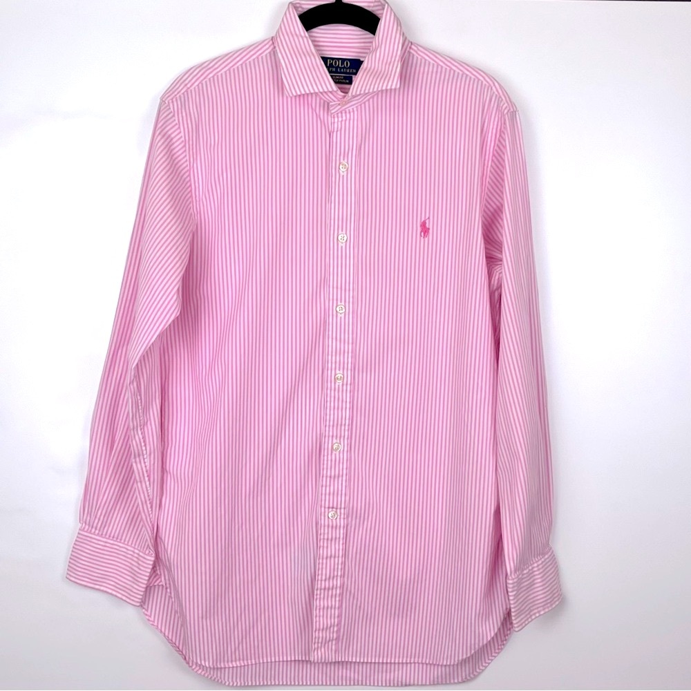 POLO Ralph Lauren Shirt Men’s 15-1/2 32/33 Poplin Slim Fit Stretch Pink Stripe